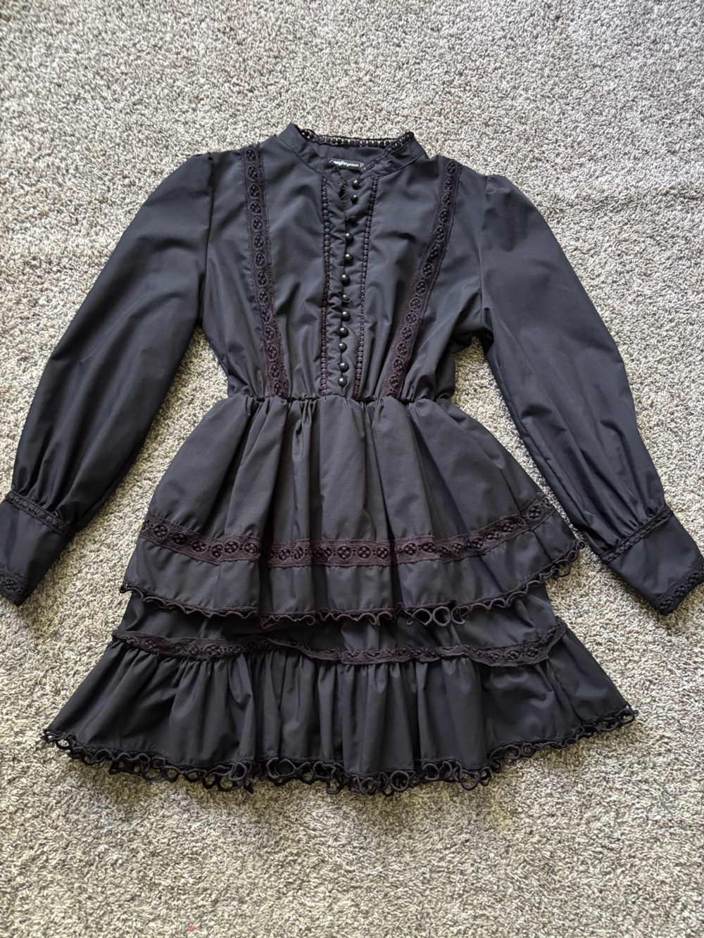 Black Lace-Trim Button Front  dress